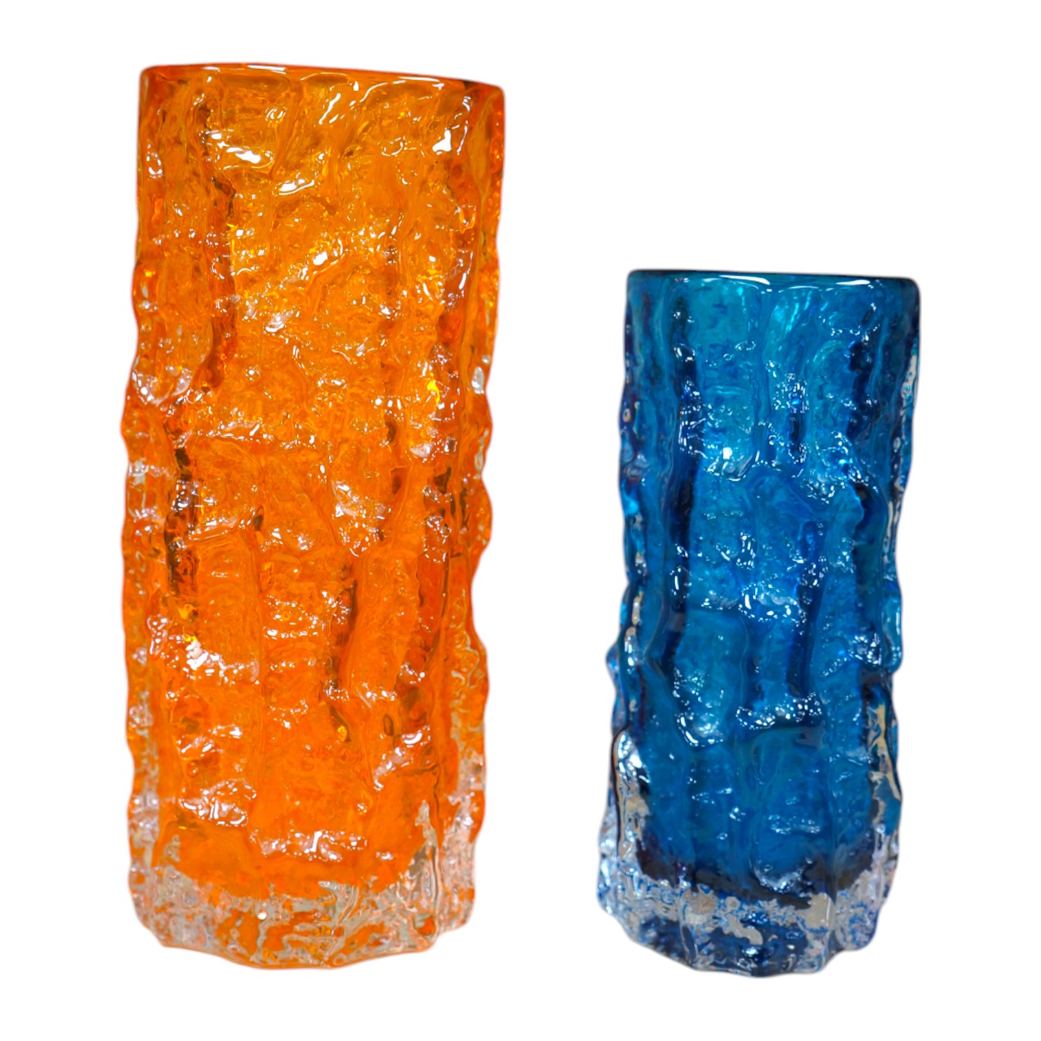 Two Whitefriars glass ‘bark' vases, tangerine and kingfisher blue, tallest 19.5cm. Condition - good